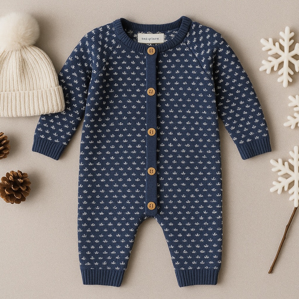 Little Planet by Carter’s Organic Cotton Knit Jumpsuit 9M Blue White Fair Isle